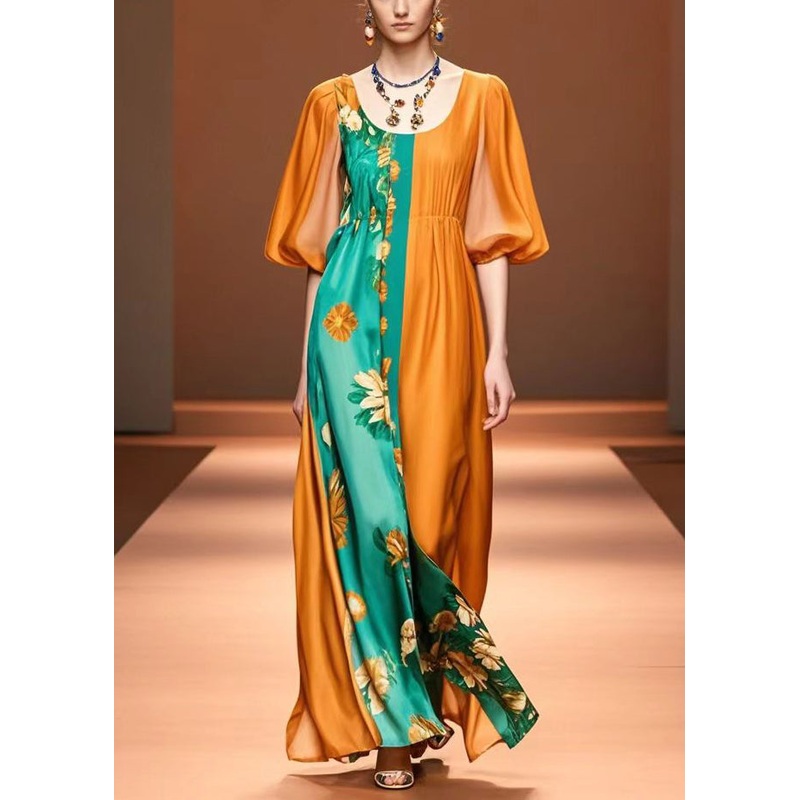 Orange Patchwork Silk Maxi Dresses U Neck Lantern Sleeve