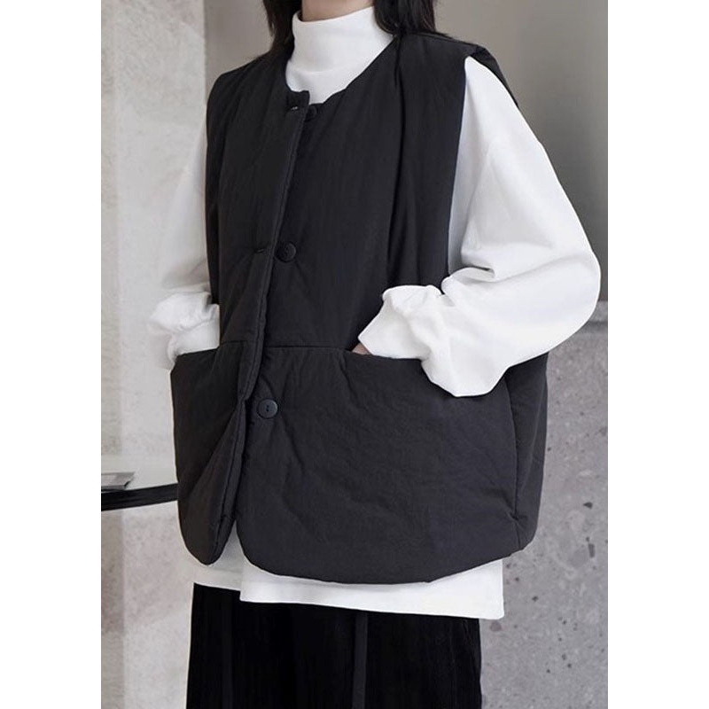 Organic Black O-Neck Pockets Button Thick Warm Waistcoat Winter
