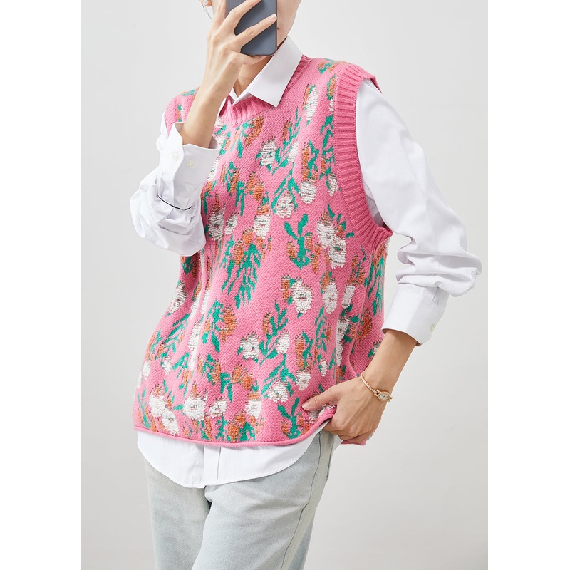 Organic Pink Jacquard Thick Knit Vest Tops Spring