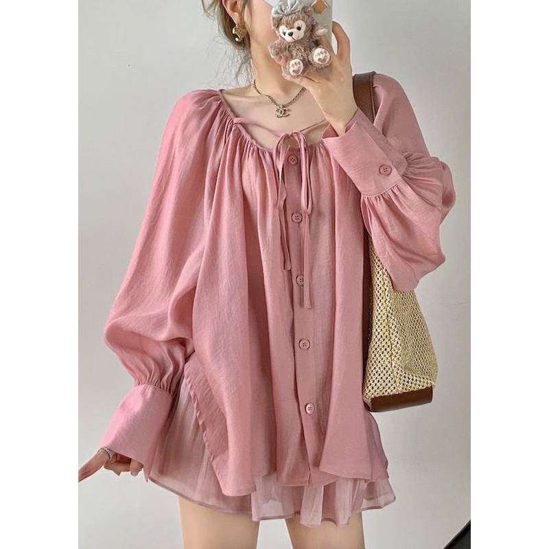 Pink Wrinkled Loose Cotton Blouse O Neck Spring