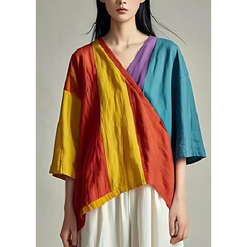 Plus Size Colorblock V Neck Patchwork Cotton Tank Summer