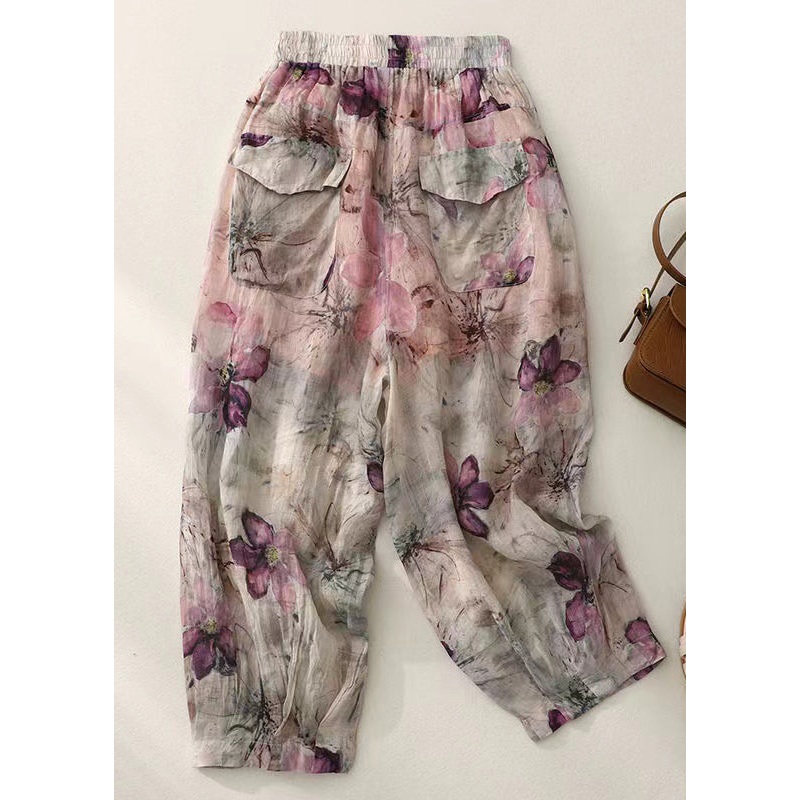 Plus Size Pockets Print Elastic Waist Cotton Lantern Pants Summer