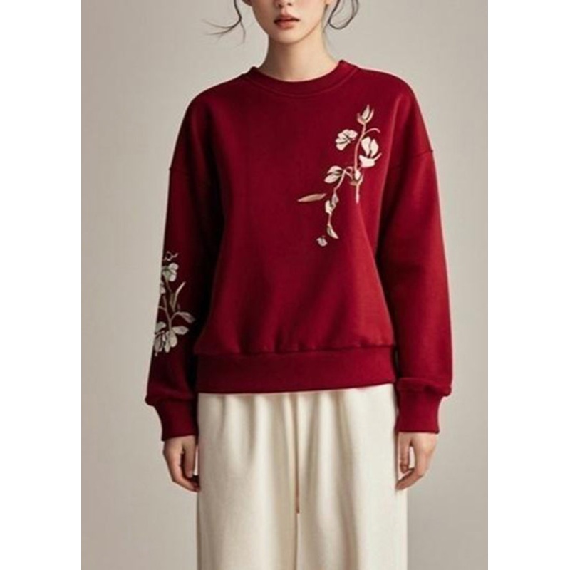 Plus Size Red Patchwork Print Fall Sweatshirts Top