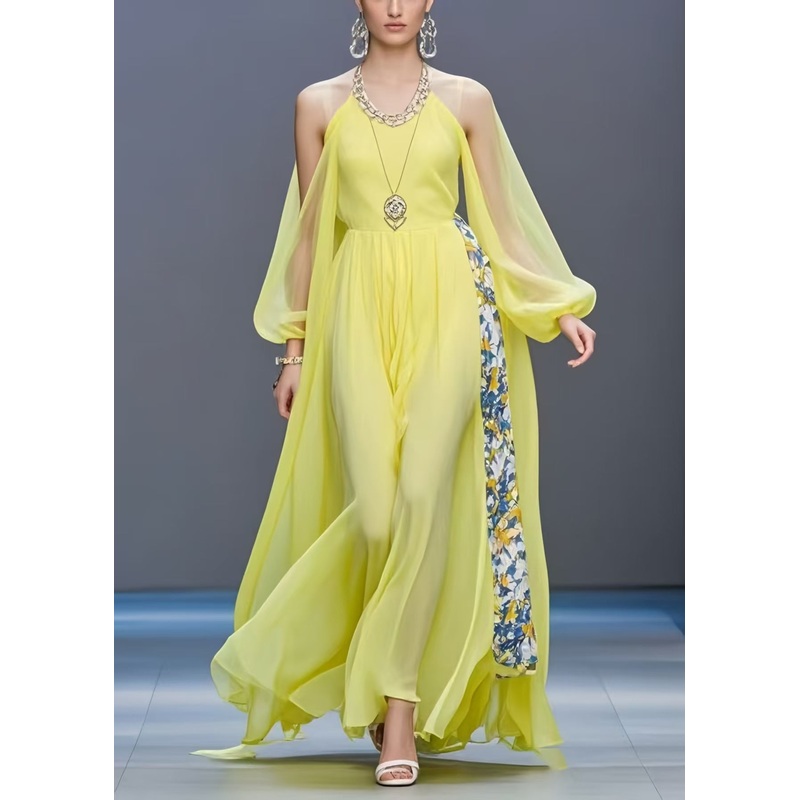 Plus Size Yellow Cold Shoulder Patchwork Chiffon Long Dress Summer