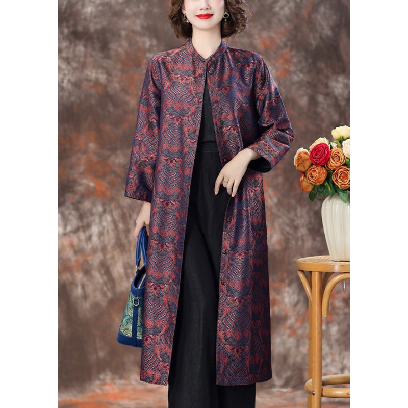 Purple Pockets Silk Coats Stand Collar Long Sleeve