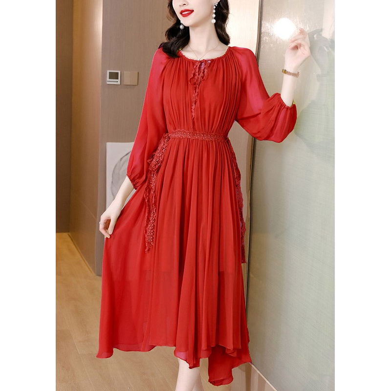 Red Tie Waist Solid Chiffon Maxi Dresses Long Sleeve