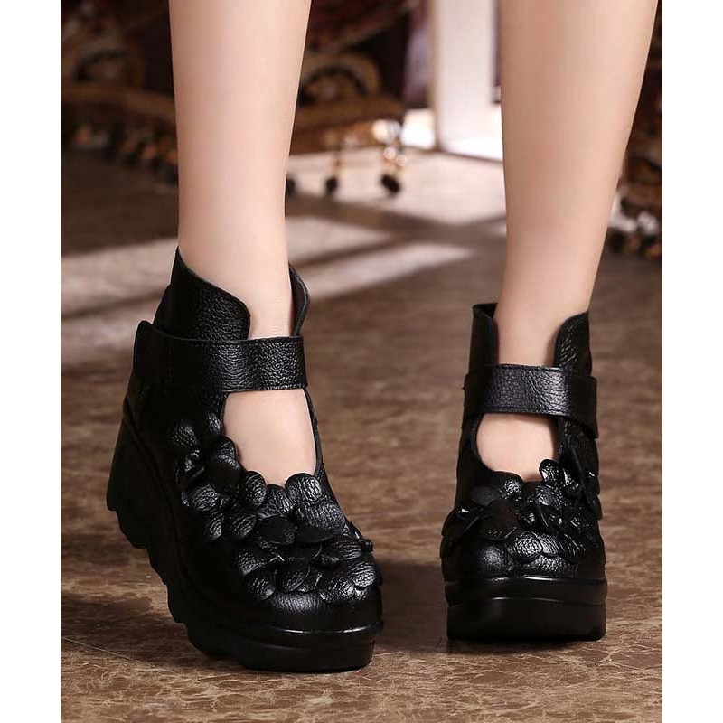 Retro Floral Splicing Platform High Heels Black Cowhide Leather