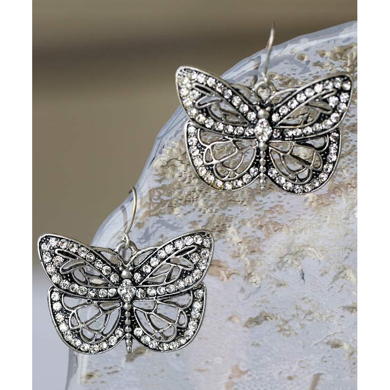Retro White Metal Zircon Butterfly Hollow Out Stud Earrings