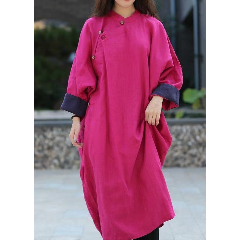 Rose Vintage Loose Linen Gown Button Stand Collar Spring