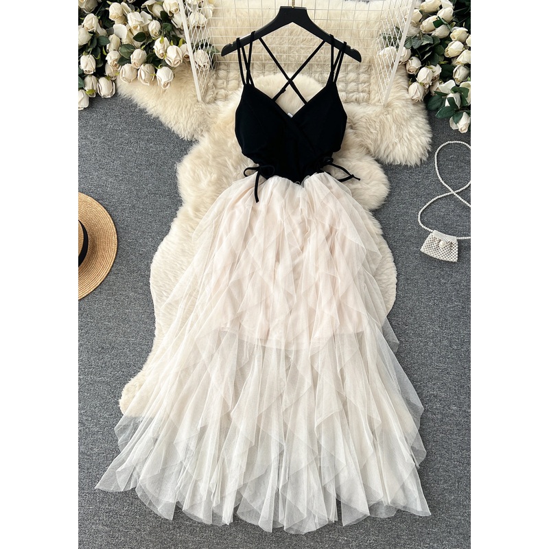 Sexy Apricot Cinched Patchwork Tulle Spaghetti Strap Dress Sleeveless