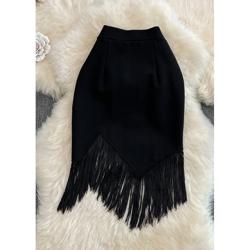 Sexy Black Asymmetrical High Waist Tassel Skirt Spring