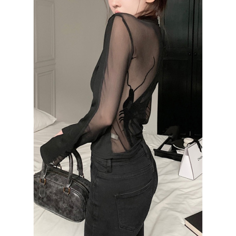 Sexy Black Turtleneck Tulle Patchwork T Shirt Long Sleeve