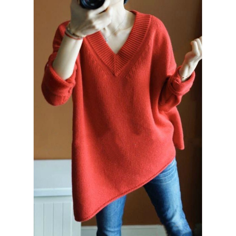 Simple Red Asymmetrical Solid Knit Top Long Sleeve