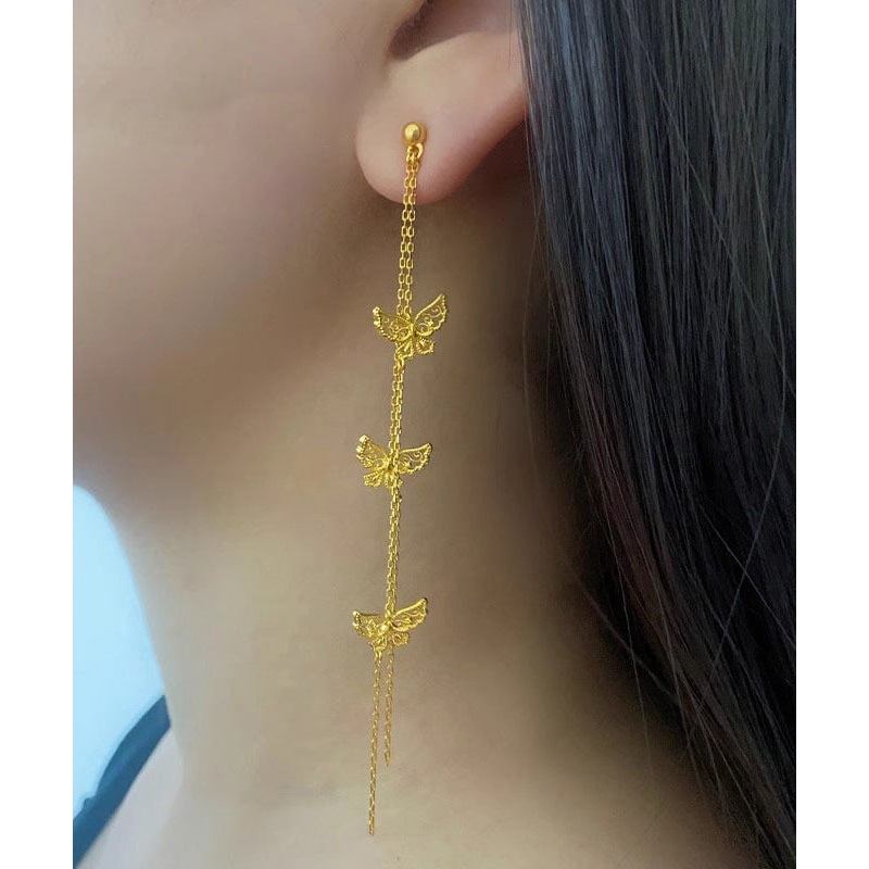 Skinny Gold Ancient Gold Butterfly Tassel Drop Earrings