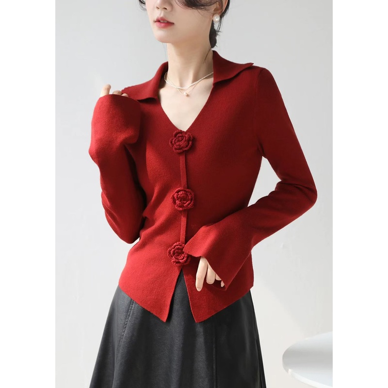 Style Red V Neck Floral Slim Fit Knit Sweater Spring