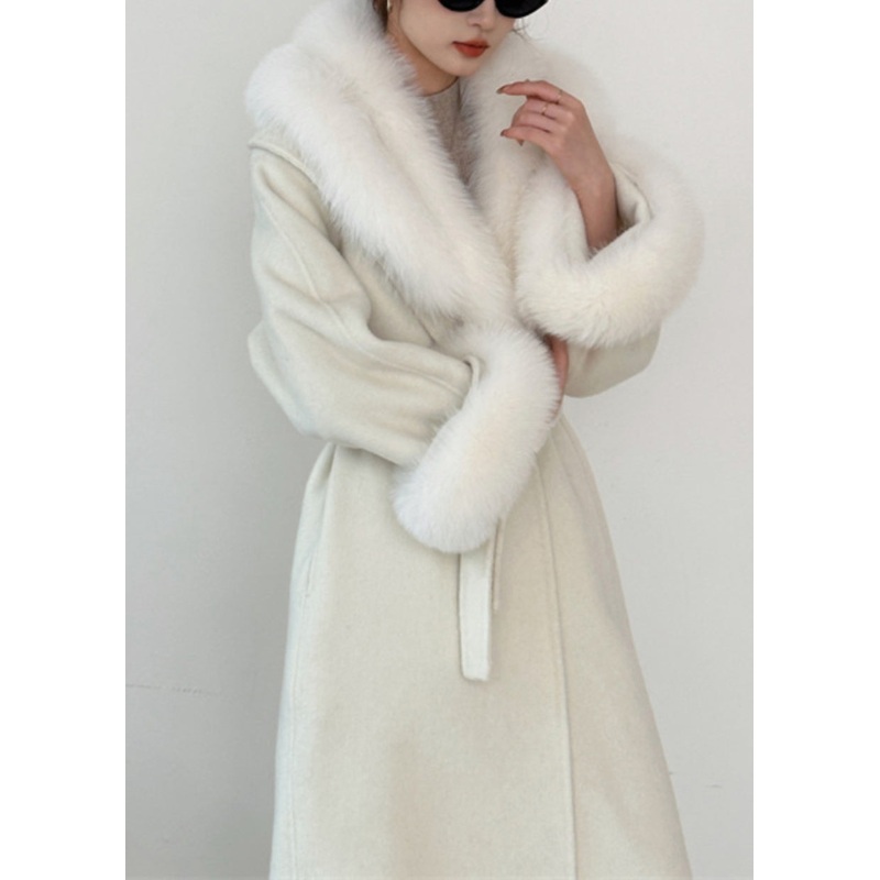 Stylish Beige Fur Collar Tie Waist Long Woolen Coats Winter