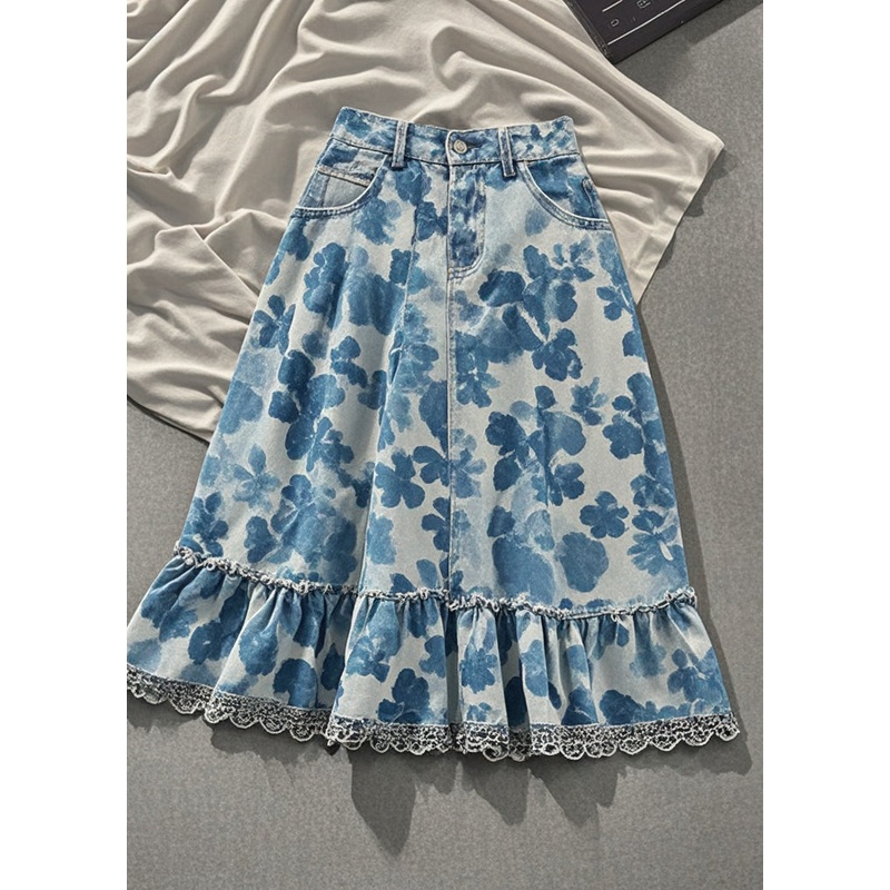 Stylish Blue Print Patchwork Lace Denim Skirts Fall