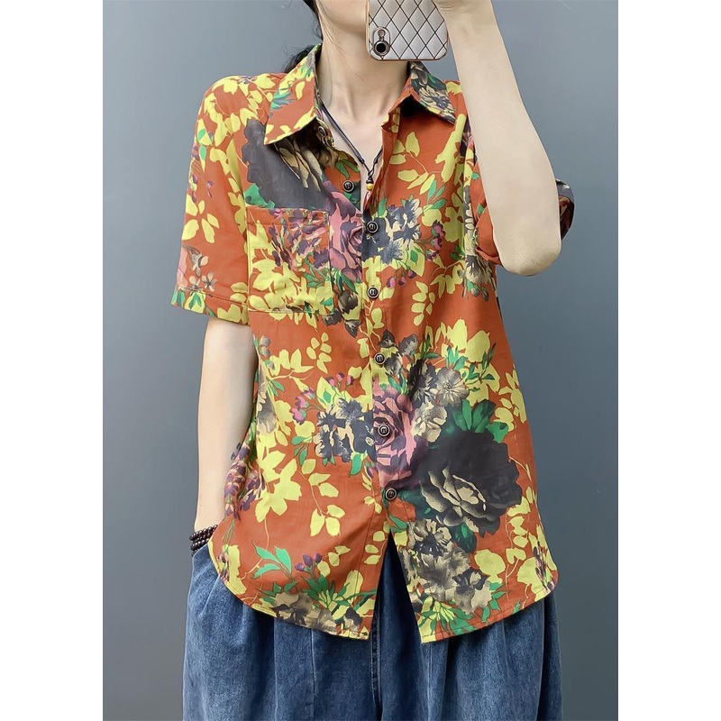 Stylish Yellow Print Pockets Cotton Shirts Short Sleeve