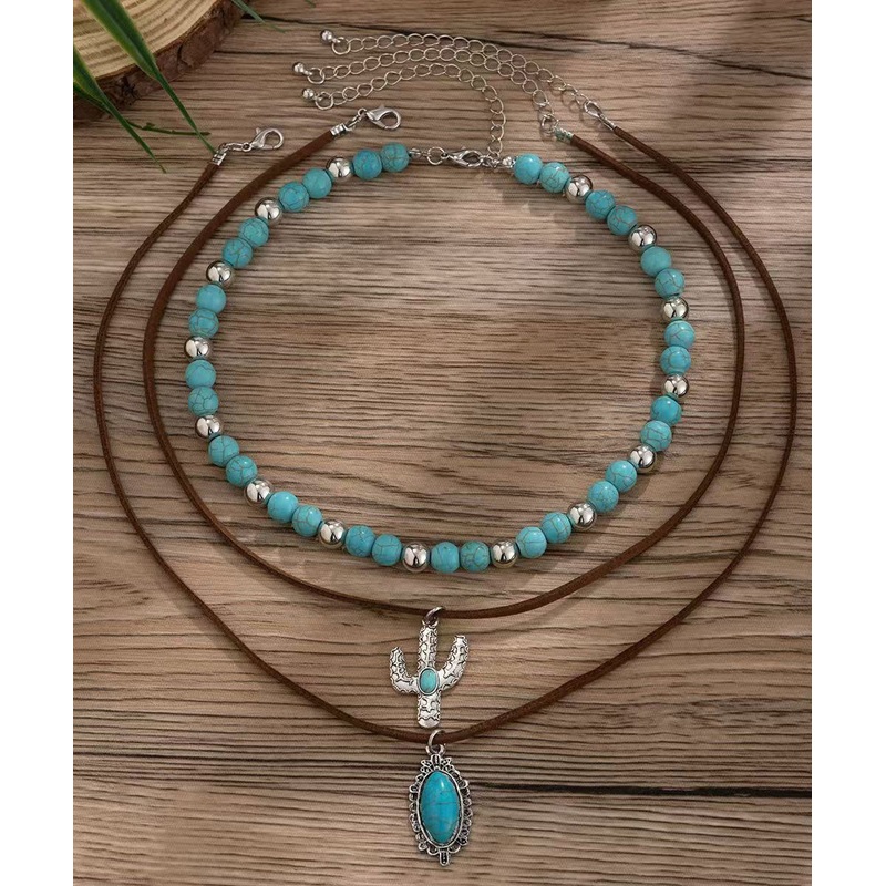 Unique Alloy Turquoise Beading Cactus Three Piece Set Pendant Necklace
