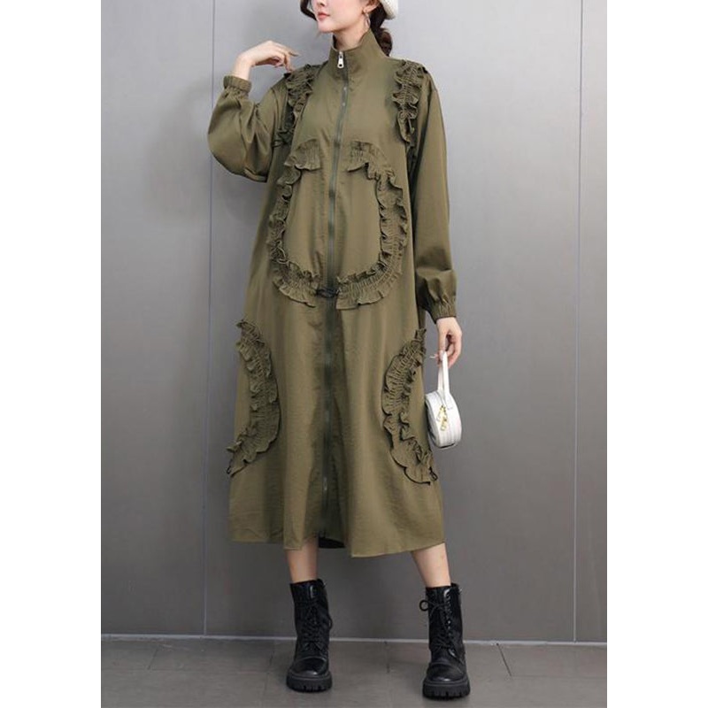 Unique Army Green Ruffled Patchwork Zippered Long Dresses Spring