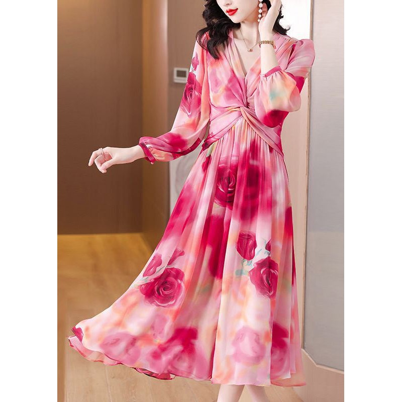 Unique Pink Print High Waist Chiffon Dress Spring