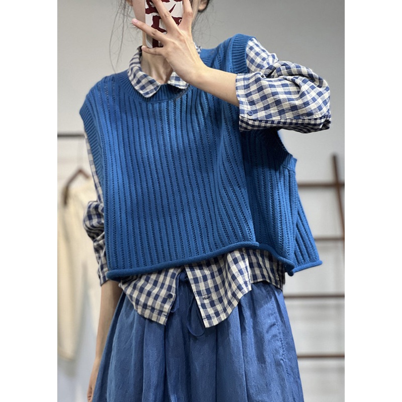 Vintage Blue O-Neck Oversized Knit Vest Top Spring