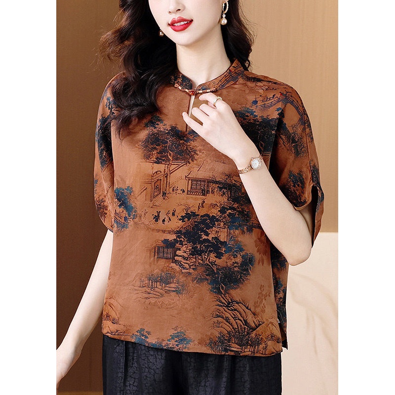 Vintage Coffee Stand Collar Print Silk Shirt Tops Summer