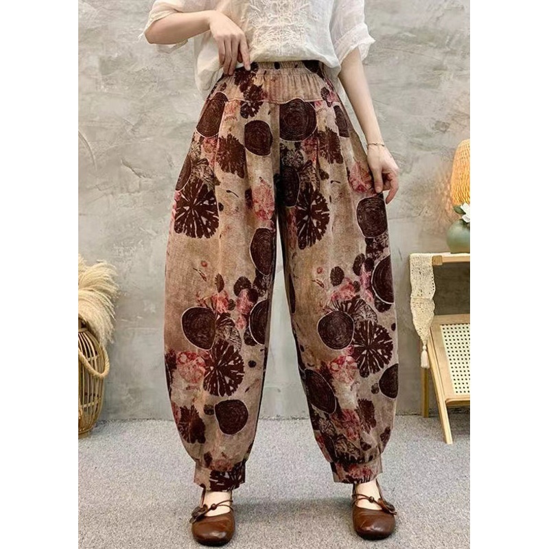 Vintage Light Brown Pockets Elastic Waist Cotton Harem Pants Summer