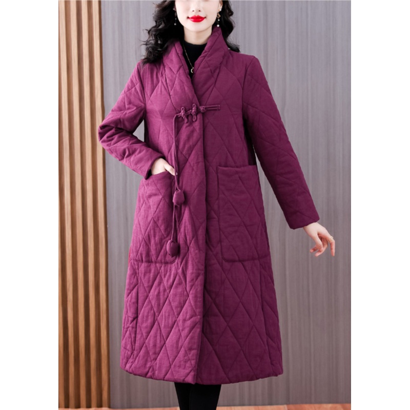 Vintage Purple V Neck Pockets Chinese Button Fine Cotton Filled Coat Winter