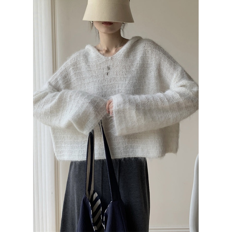 White Cozy Cotton Knit Winter Short Sweater Hooded