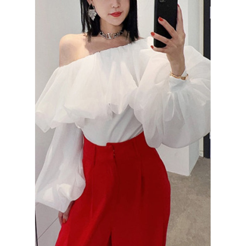 White Ruffled Solid Chiffon Shirts Slash Neck Puff Sleeve