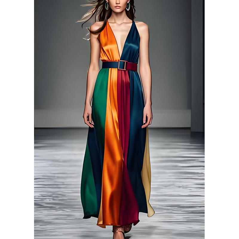 Women Colorblock V Neck Tie Waist Silk Long Dress Sleeveless