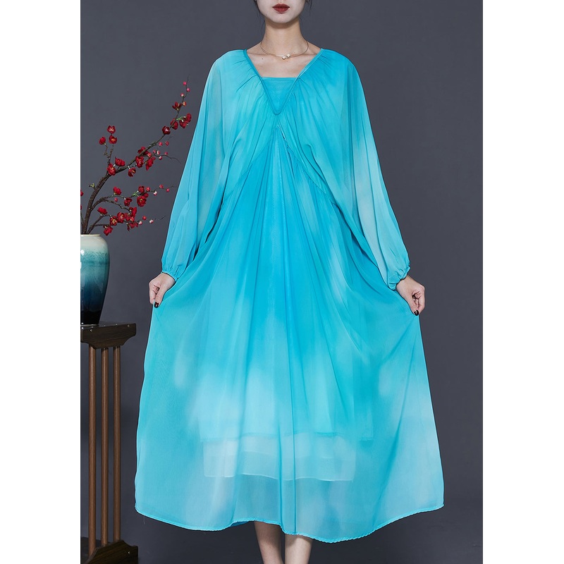 Women Lake Blue Oversized Tie Dye Chiffon Dresses Spring