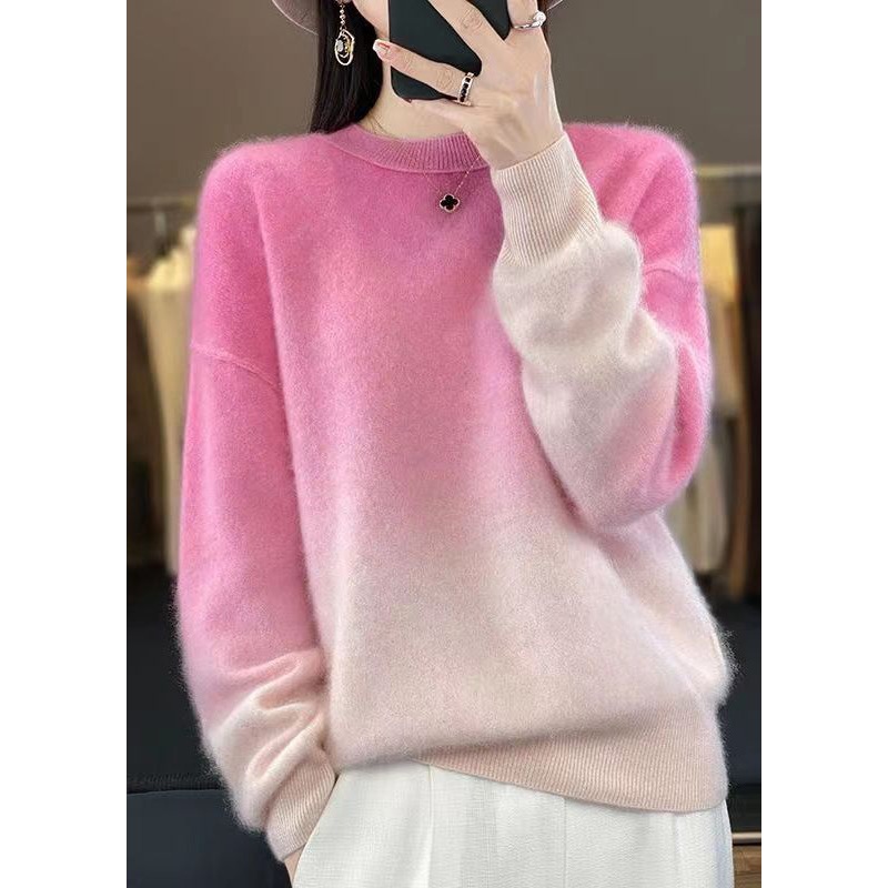 Women Pink Gradient Color O-Neck Cozy Sweaters Long Sleeve