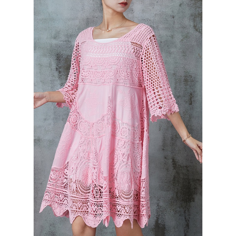 Women Pink Hollow Out Lace Holiday Dress Summer