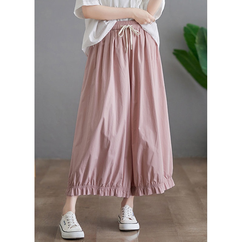 Women Pink Ruffled Pockets Elastic Waist Cotton Pants Skirt Fall