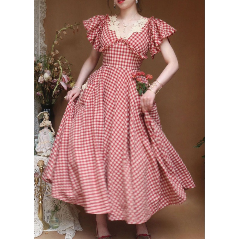 Women Red V Neck Plaid Ruffled Cotton Dress Butterfly Sleeve