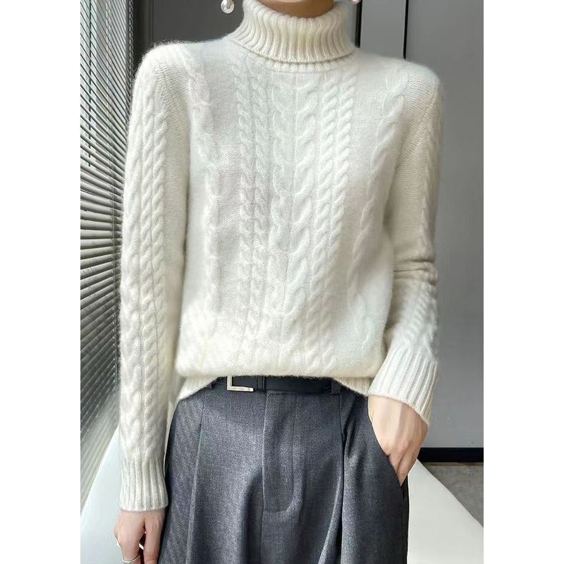 Women White Turtleneck Wool Cable Knit Sweaters Long Sleeve