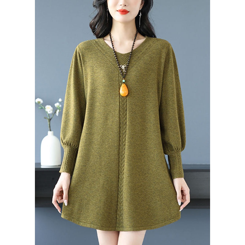 Yellow Green V Neck Cozy Cotton Knit Sweater