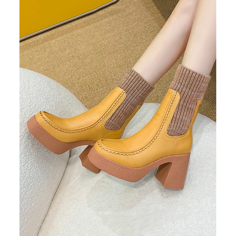 Yellow Knit Fabric Splicing Cowhide Leather Chunky Heel Boots