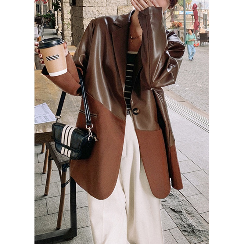 2024 New Coffee Notched Patchwork Faux Leather Suit Coat Fall