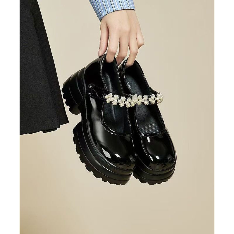 2025 New Platform Loafers Black Faux Leather Buckle Strap Zircon