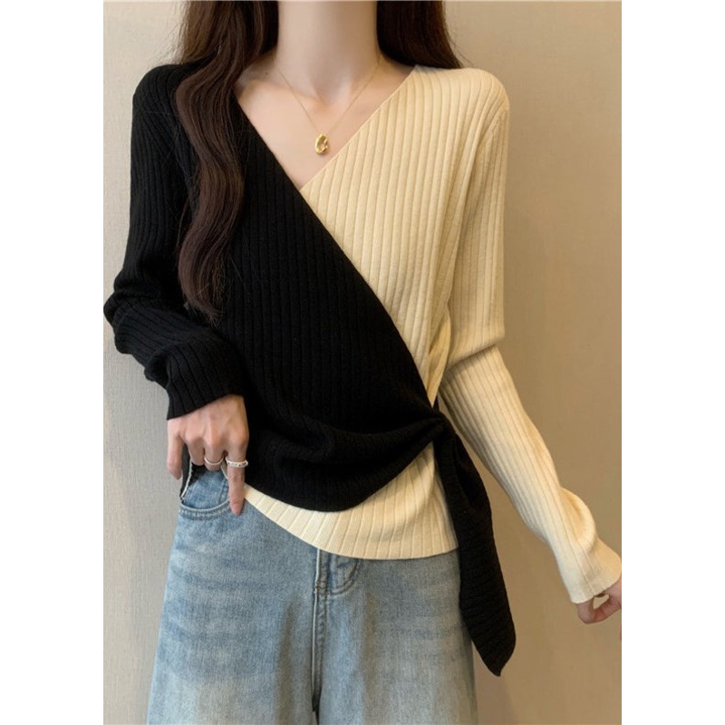 Apricot Patchwork Knit Top Asymmetrical Cross Strap Fall