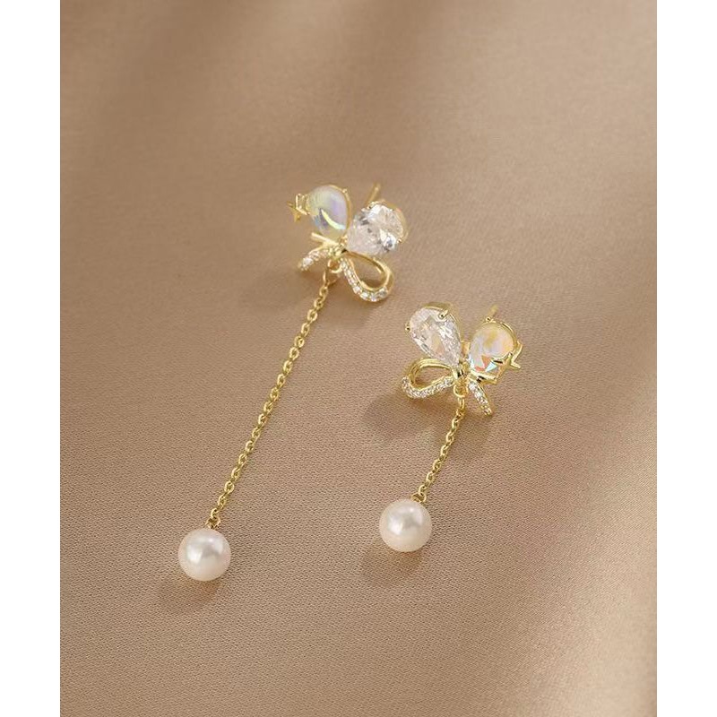 Beautiful Gold Copper Overgild Asymmetrical Pearl Butterfly Tassel Drop Earrings