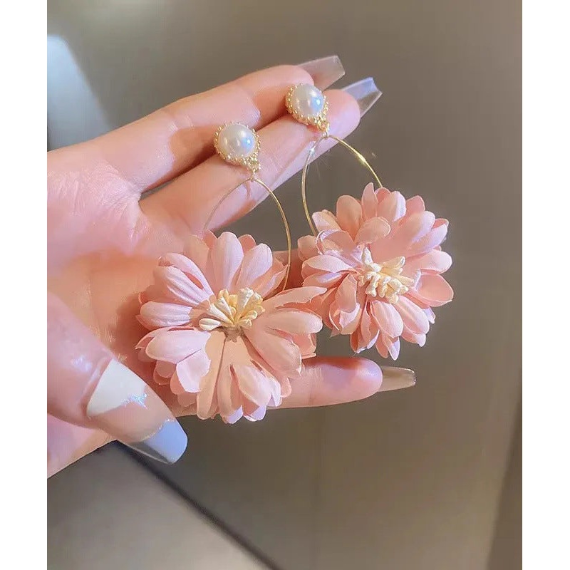 Beautiful Pink Alloy Pearl Cloth Chrysanthemum Drop Earrings