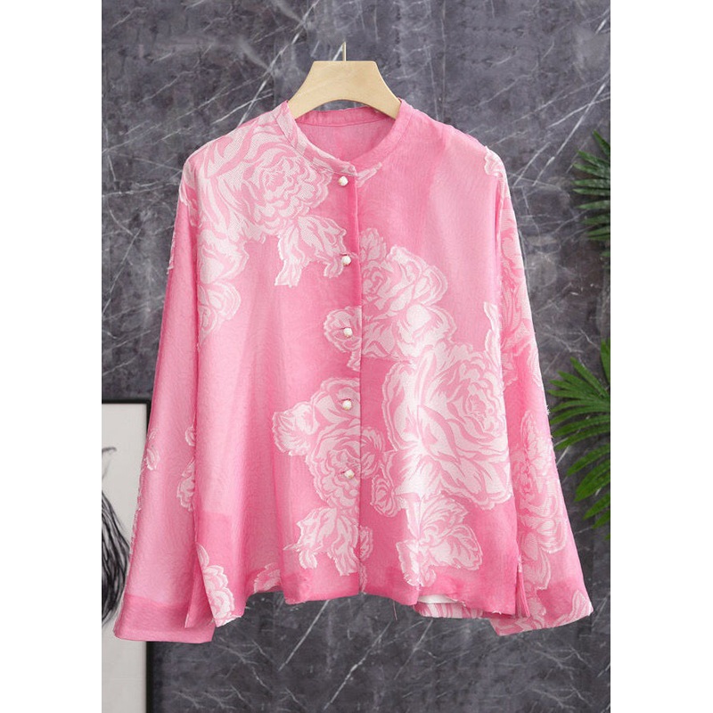 Beautiful Pink O Neck Button Print Silk Shirt Long Sleeve