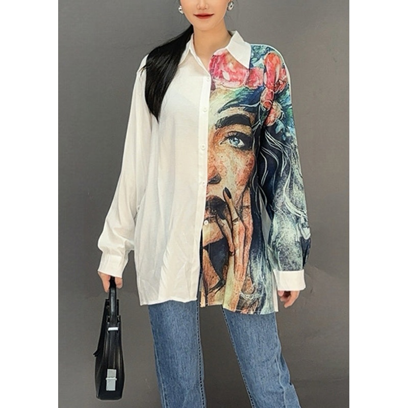 Beautiful White Peter Pan Collar Print Shirt Spring