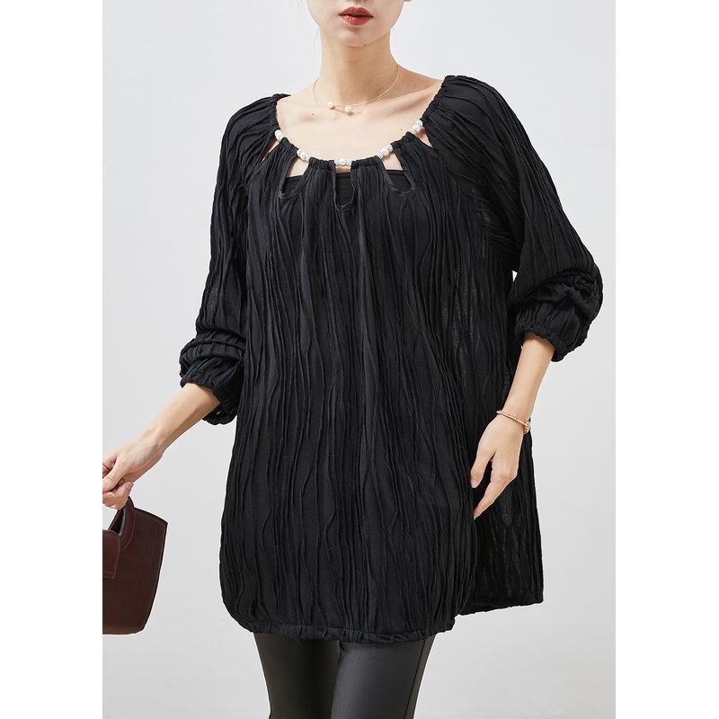 Black Cotton Blouse Tops Wrinkled Hollow Out Spring