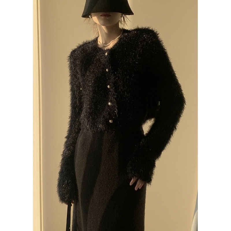 Black Fluffy Solid Knit Cardigan O-Neck Winter
