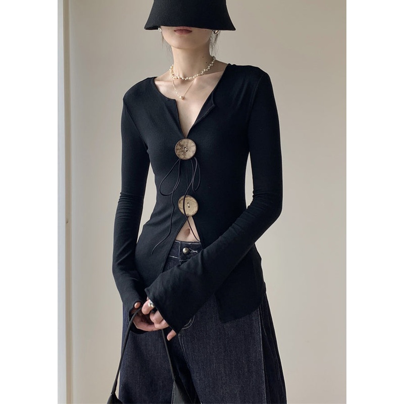 Black Front Open Knitting Cotton Fall Top V Neck